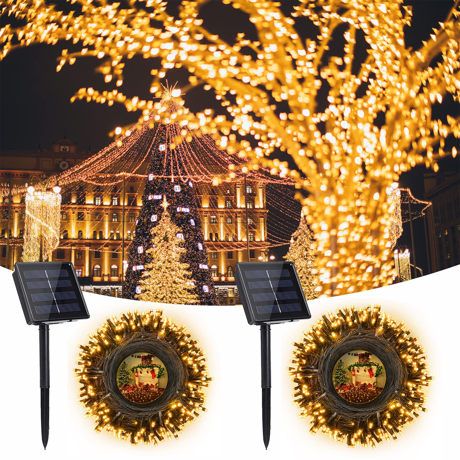 Jnaurb Solar Christmas Lights, 2 Pack 72Ft 200 Led Solar String Lights With 8 Modes, Waterproof Outdoor Christmas String Lights For Patio, Garden, Party, Tree, Holiday, Christmas Decorations (Warm White)
