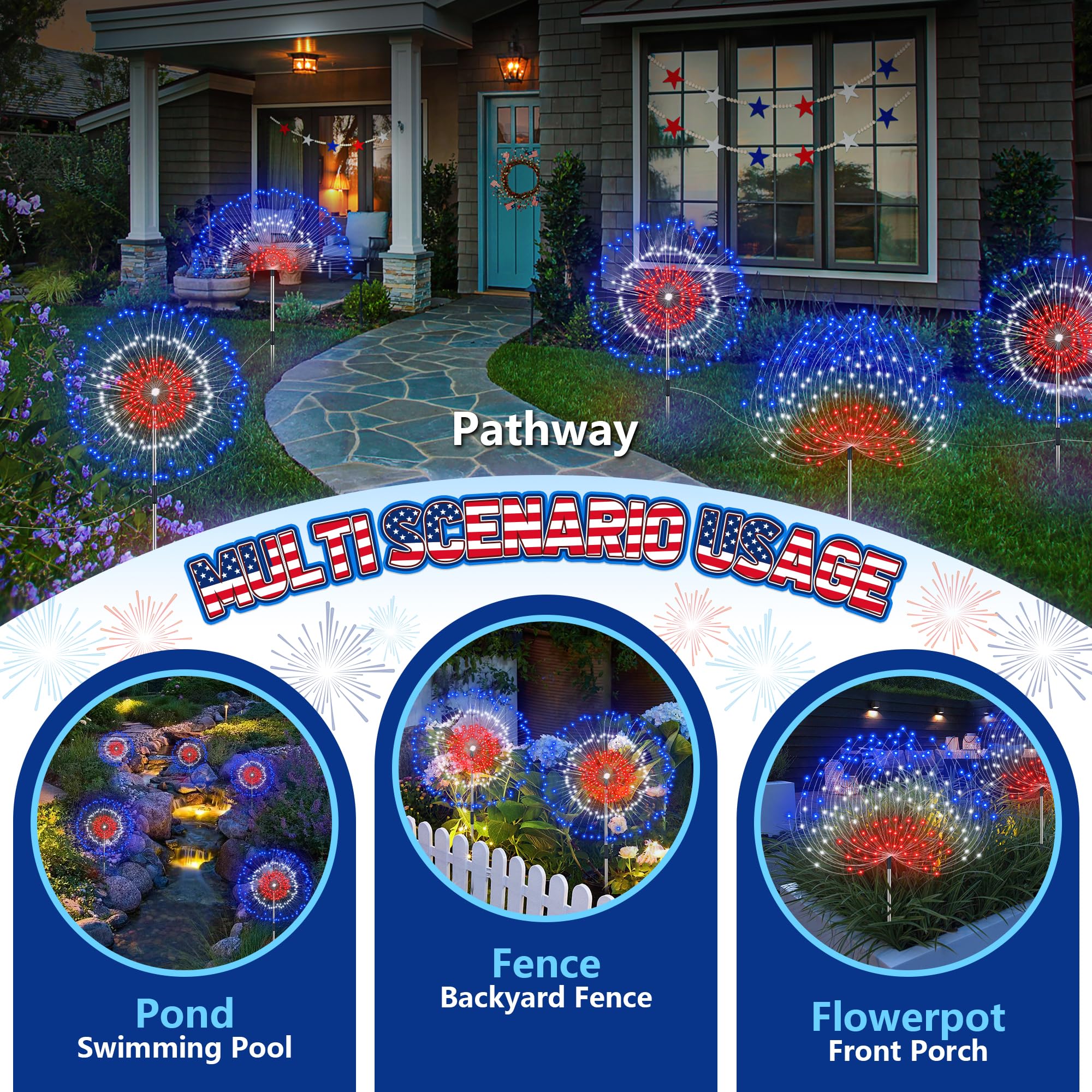Sakayo 4Th Of July Decorations Outdoor 2 Pack Red White And Blue Solar Firework Lights With 180 Led 8 Lighting Modes Patriotic Decorations Fireworks Lights Waterproof Fourth Of July Lights For Party