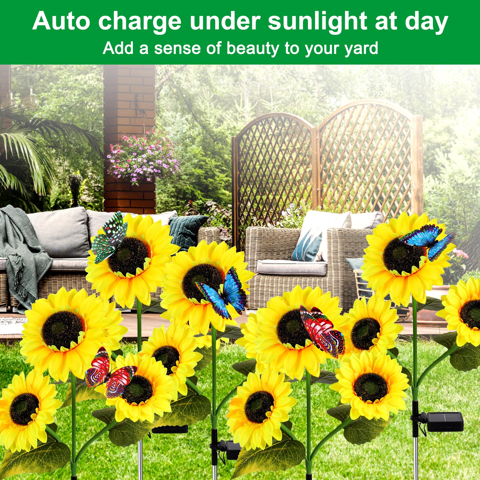 Wind Star Solar Sunflower Lights Decorative, 3 Pack Solar Garden Lights Outdoor With 9 Lifelike Sunflowers And 3 Butterflies, Flower Solar Lights For Yard Pathway Garden Decor And Gift