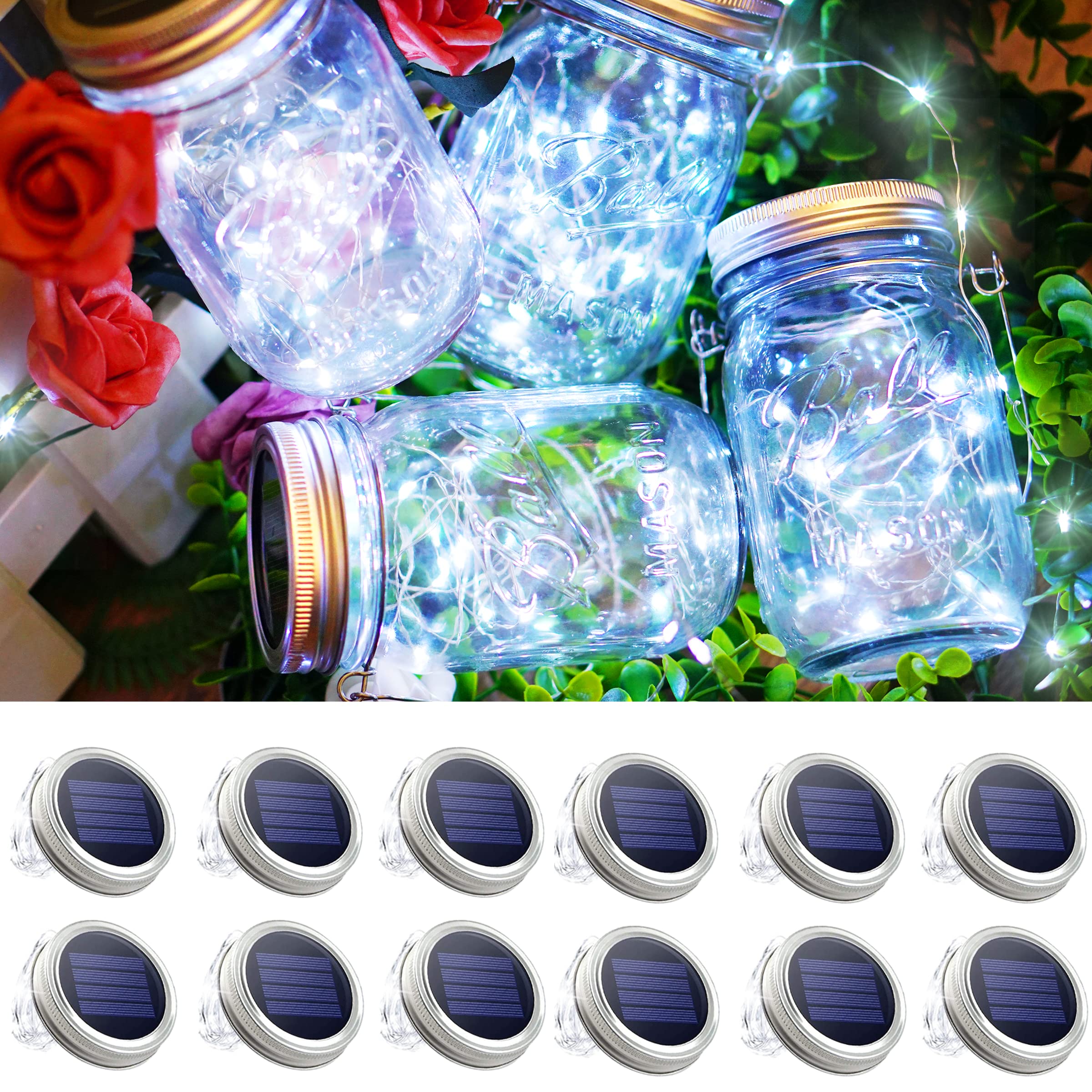Smilingtown Mason Jars Lids 30 Led 12 Pack Solar Fairy Firefly Lights - Solar Lantern Hanging Lights For Patio Yard Garden Wedding Decorations - Cool White