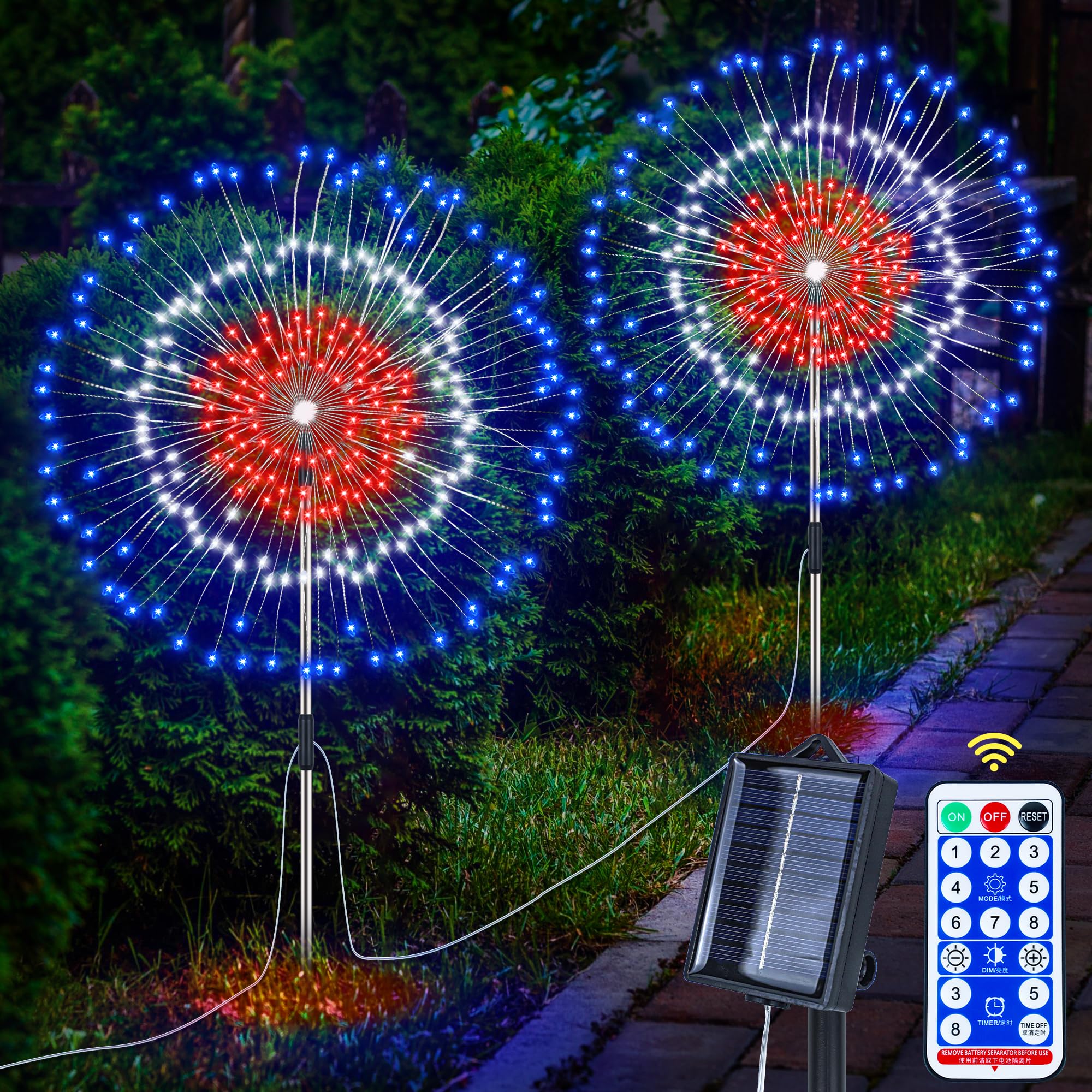 Sakayo 4Th Of July Decorations Outdoor 2 Pack Red White And Blue Solar Firework Lights With 180 Led 8 Lighting Modes Patriotic Decorations Fireworks Lights Waterproof Fourth Of July Lights For Party