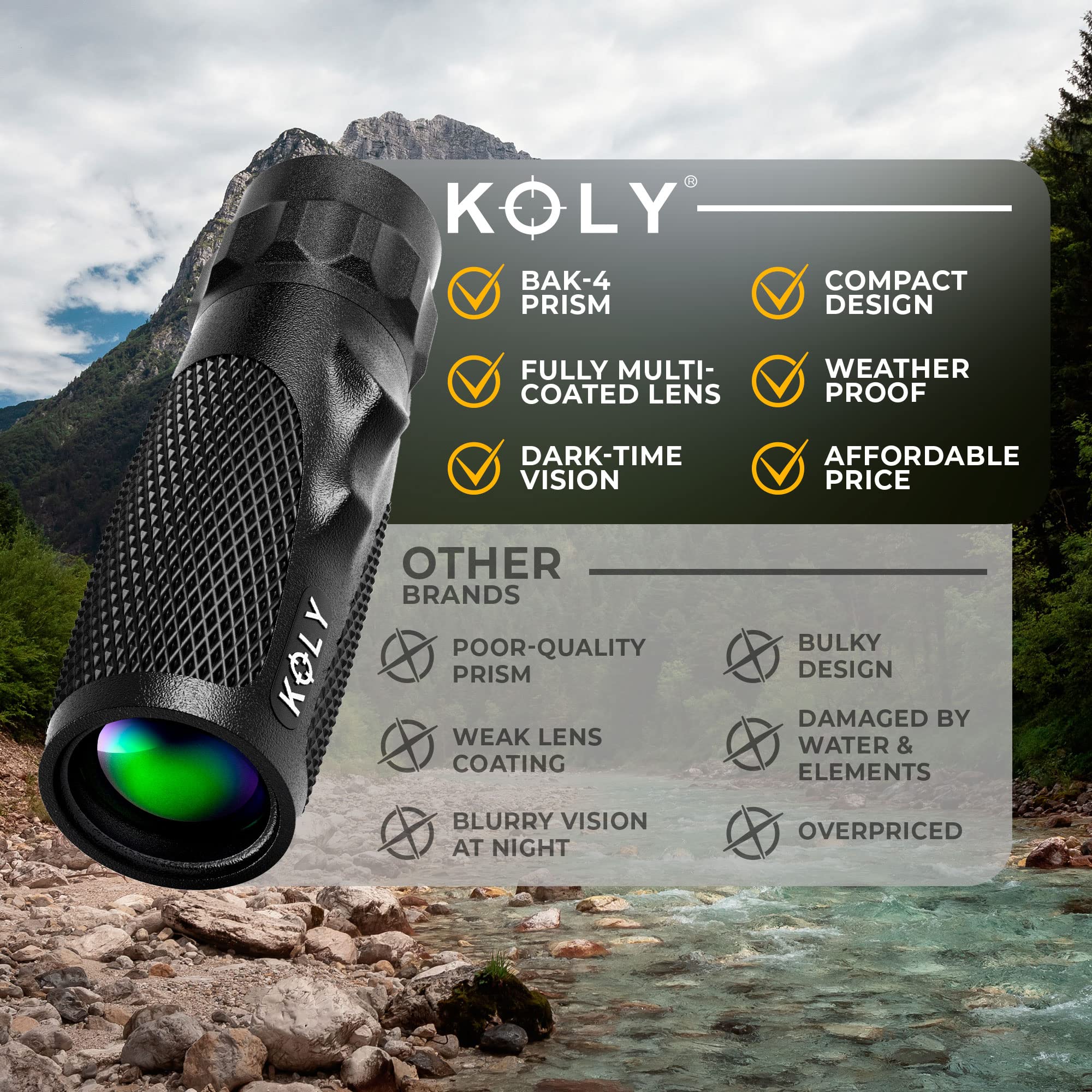 Koly Bak-4 Prism 10X25 Monocular Telescope, Compact Weather Resistant Scope With Snake Skin Grip, Designed For Bird Watching, Hiking, Hunting, Archery, And More, 10X Magnification, Black