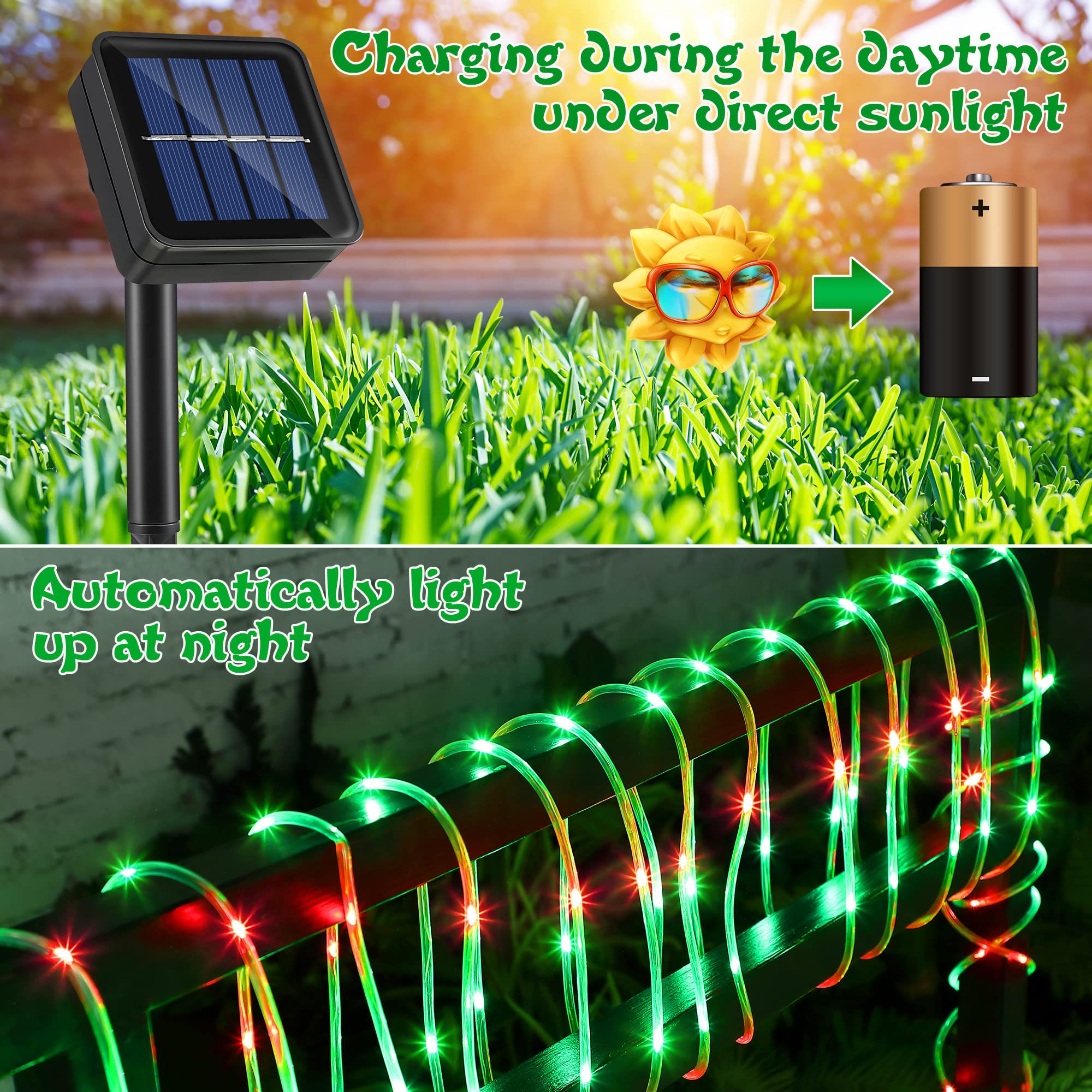 Meonum Solar Christmas Rope Lights Outdoor, 33 Ft 100 Led 8 Modes Solar String Lights, Solar Powered Waterproof Tube Lights For Christmas Tree Garden Fence Yard Party Outdoor (Red, Green,4 Pack)