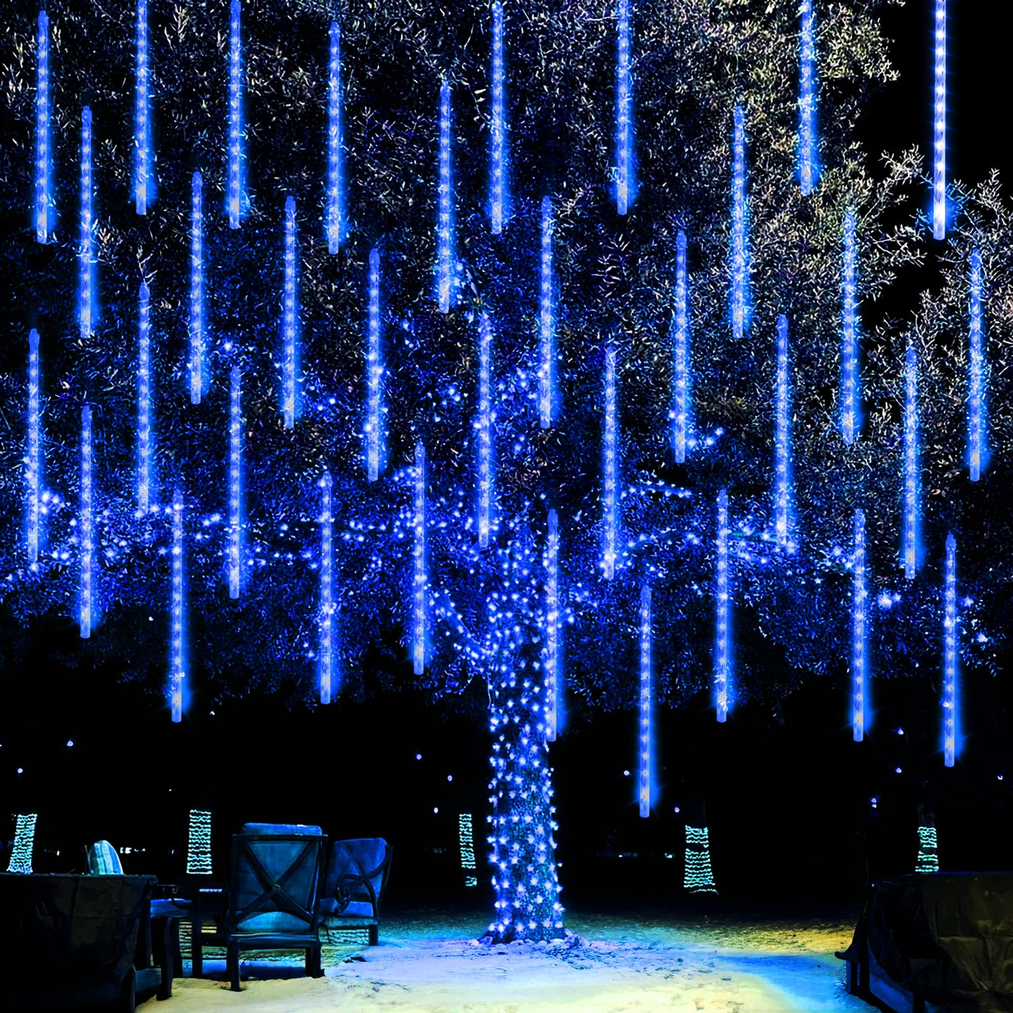 Dazzle Bright Christmas Lights Outdoor, 288Led Meteor Shower Rain Lights 12 Inch 8 Tubes, Waterproof Plug In Falling Icicle Light Christmas Decorations For Xmas Tree Yard House Decor (Blue)