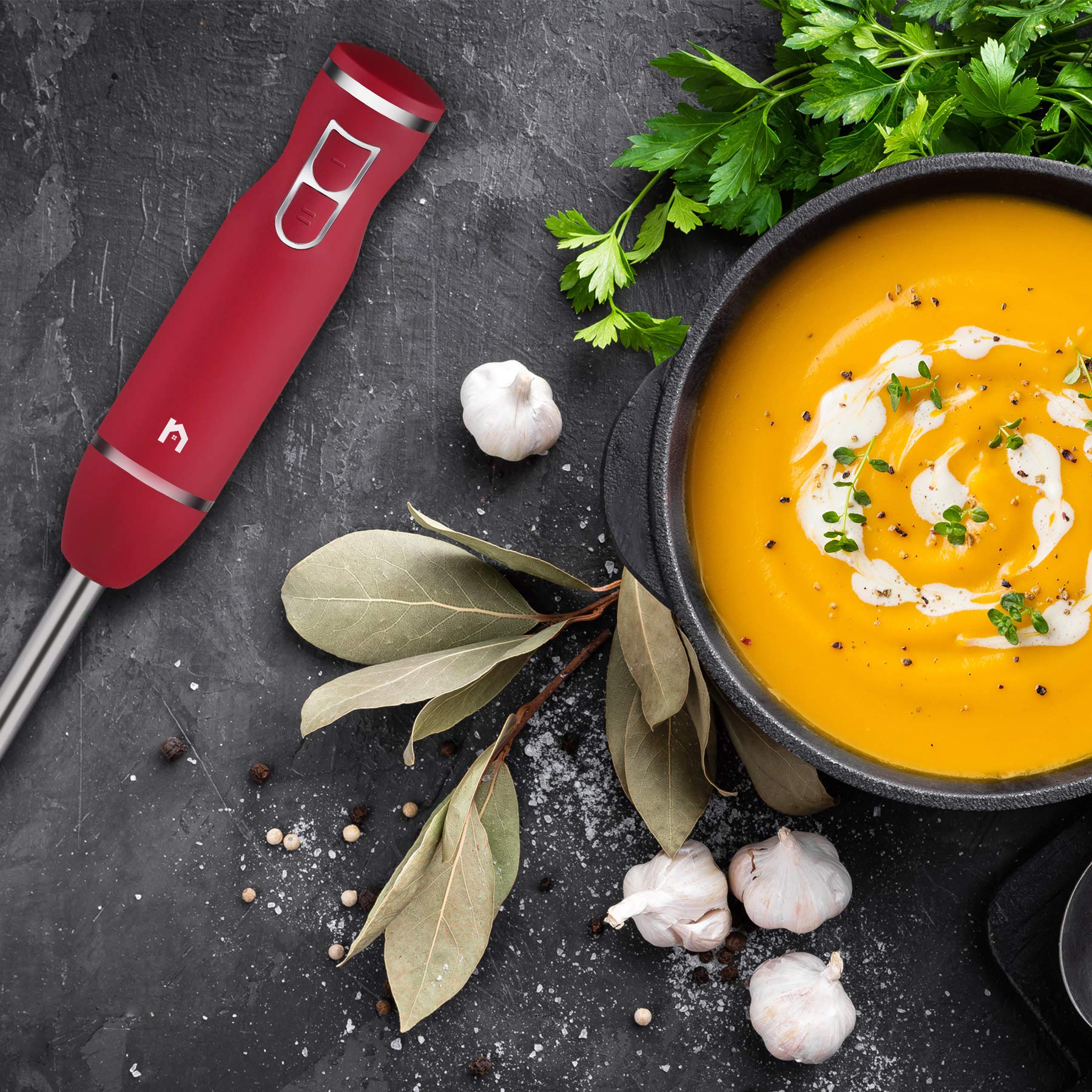 Immersion Hand Blender 2 Speed Stick Mixer With Stainless Steel Shaft & Blade 300 Watts Easily Food, Mixes Sauces, Purees Soups, Smoothies, And Dips, Red