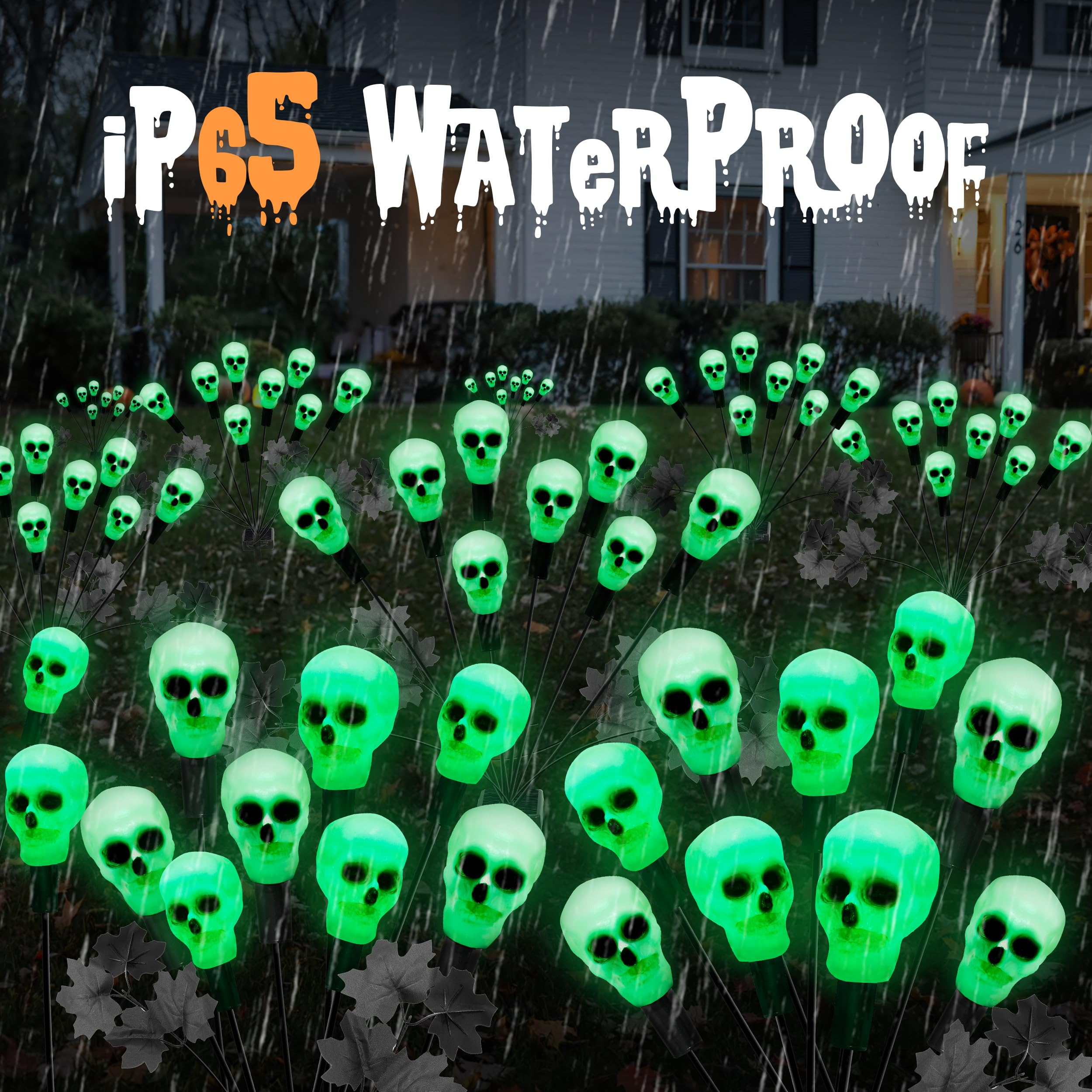 Jimerf 2 Pack 16Led Solar Skull Halloween Lights - Ip65 Waterproof Outdoor Decorations, Scary Swaying Firefly Lights For Garden, Patio, Yard, Lawn Decor