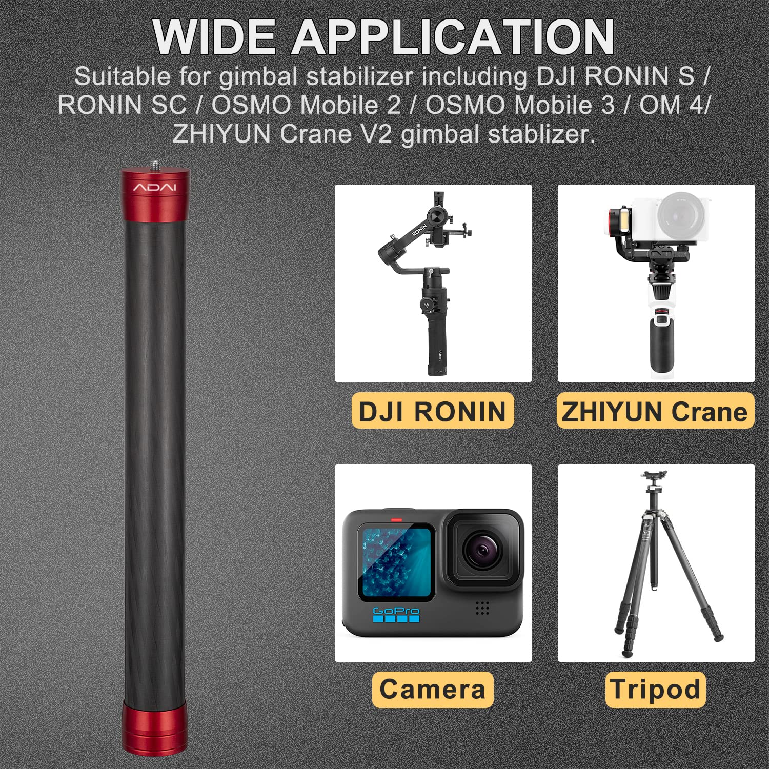 Adai Gimbal Extension Pole Carbon Fiber Bar 1/4" Tripod Thread Universal Rod Compatible With Dji Ronin S Stabilizer Contain Tripod (Red)