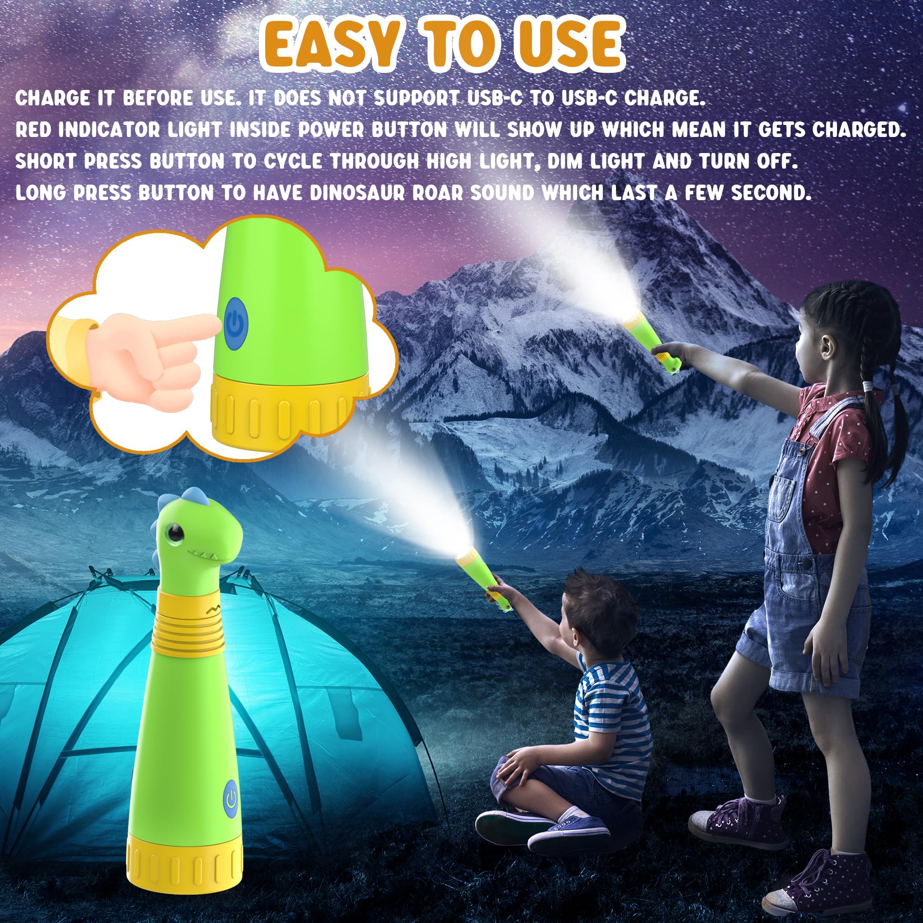 Auksky 2Pack Rechargeable Dinosaur Flashlight With Roar For Kids, Camping Gear Toddler Handheld Flashlight For Kids, Halloween Christmas Lights For Boys Girls, Dino Kid Lantern