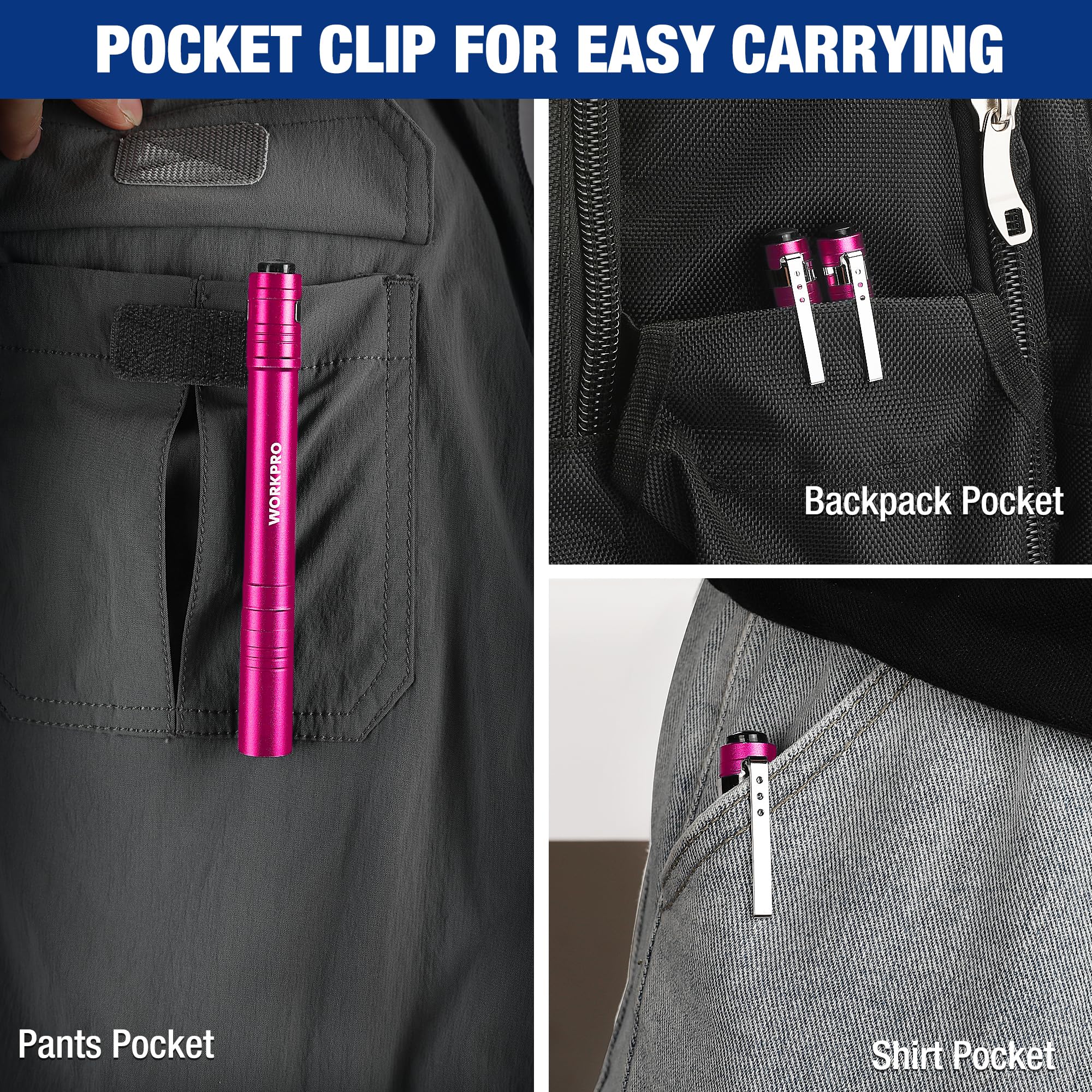 Workpro 4 Pack Blue Pen Light Set & 4 Pack Pink Pen Light Set