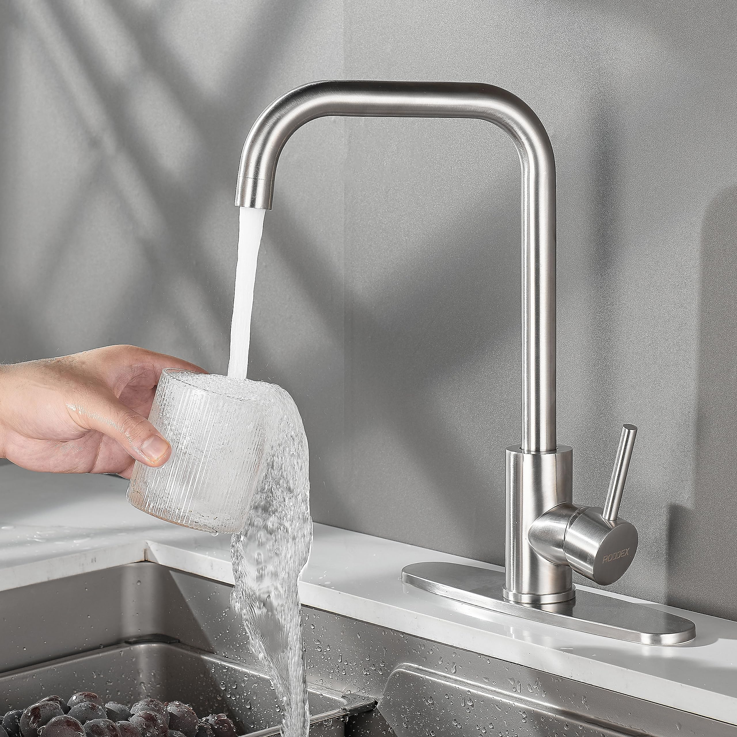Roddex Square Kitchen Sink Faucet, Single Handle Swivel Bar Mixer With 3 Hole Deck Plate, Stainless Steel Utility Cheese Faucets For Laundry Rv Camper Outdoor Farmhouse (Brushed Nickel, Large)