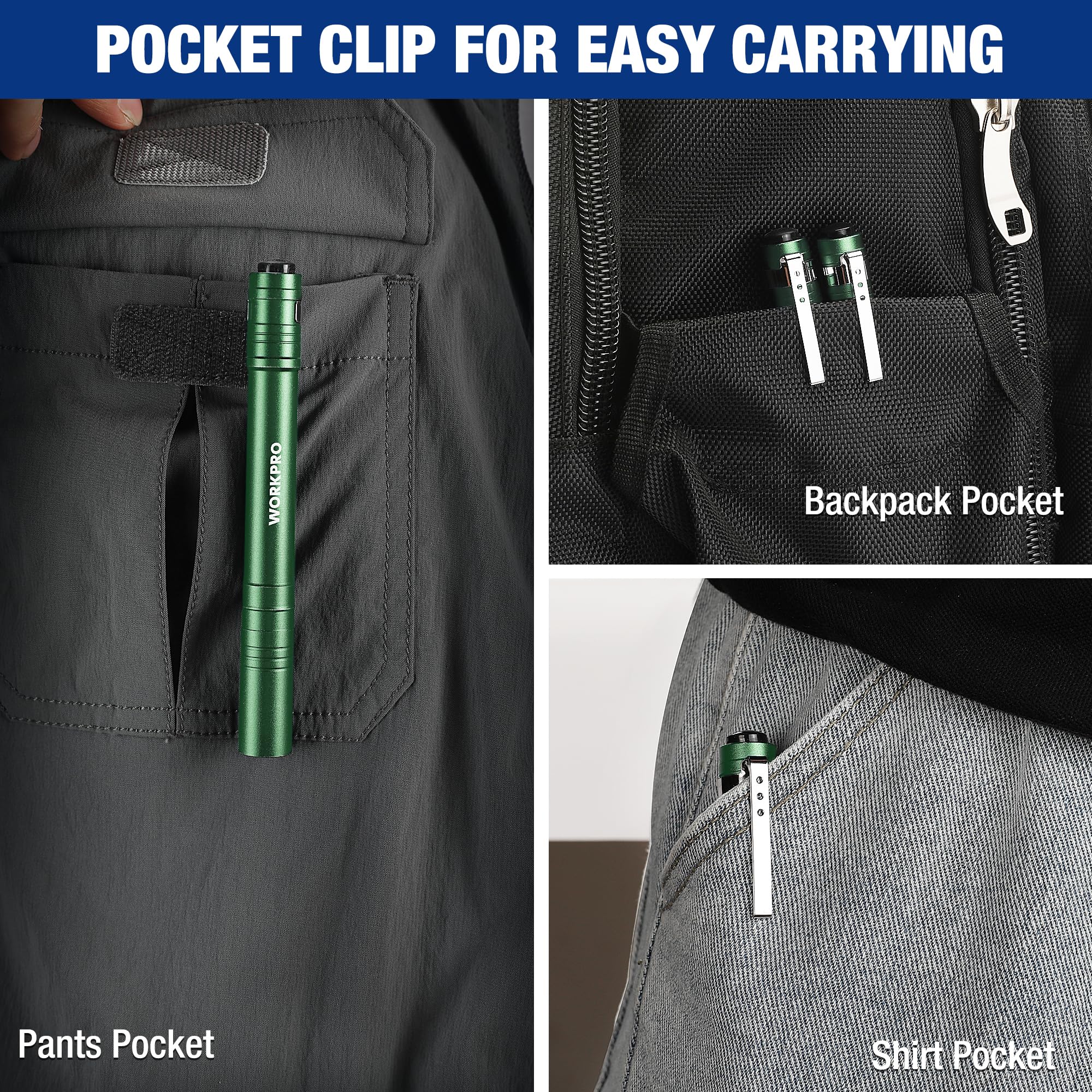 Workpro 4 Pack Gray Pen Light Set & 4 Pack Green Pen Light Set